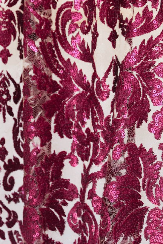 Special Occasion: Burgundy Red Elegant Damask Sequined & Beaded Mesh. SO-103-RED - Boho Fabrics
