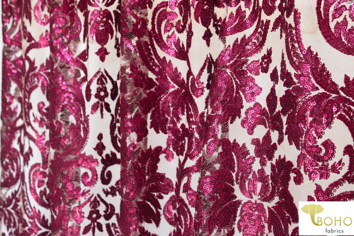 Special Occasion: Burgundy Red Elegant Damask Sequined & Beaded Mesh. SO-103-RED - Boho Fabrics
