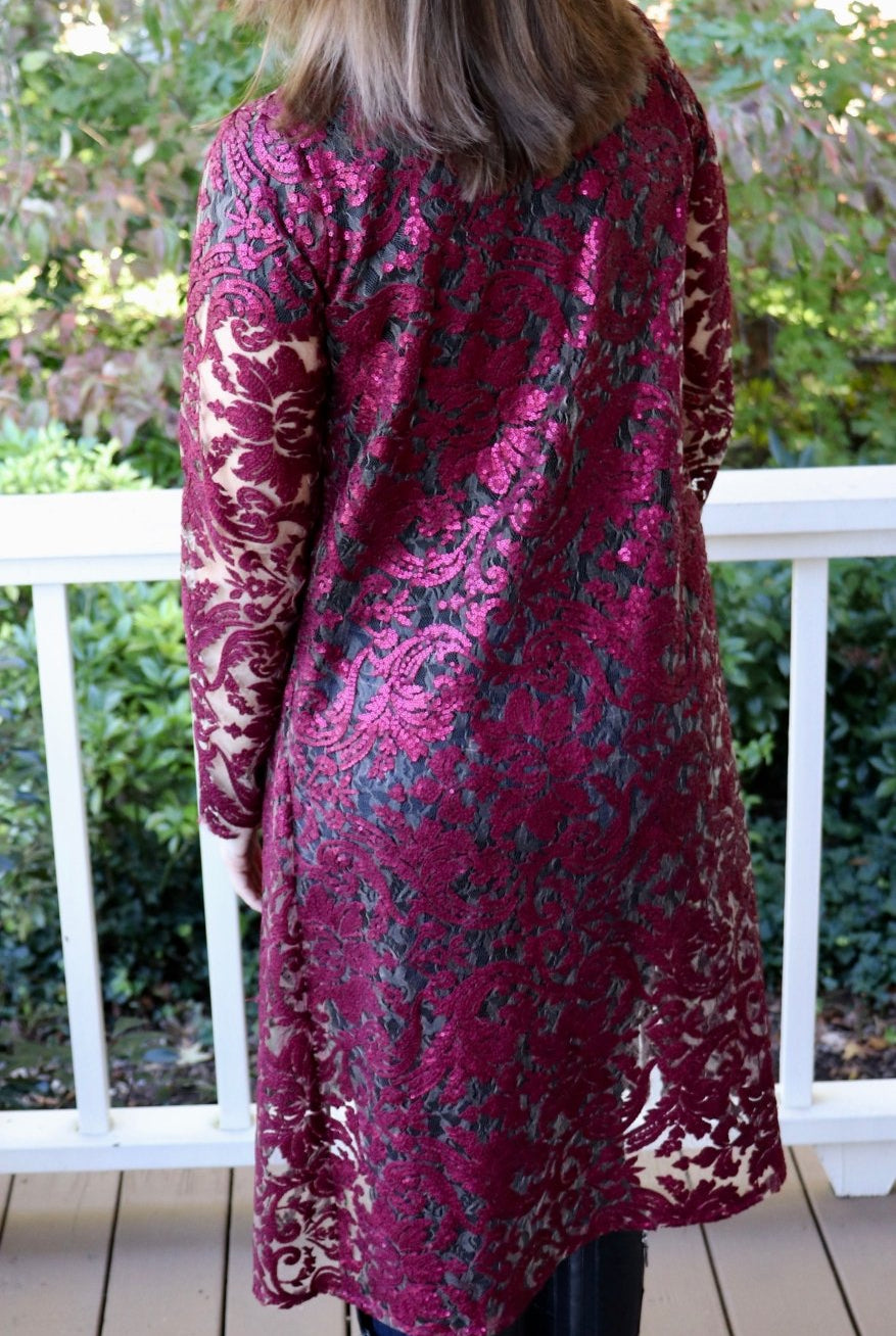 Special Occasion: Burgundy Red Elegant Damask Sequined & Beaded Mesh. SO-103-RED - Boho Fabrics