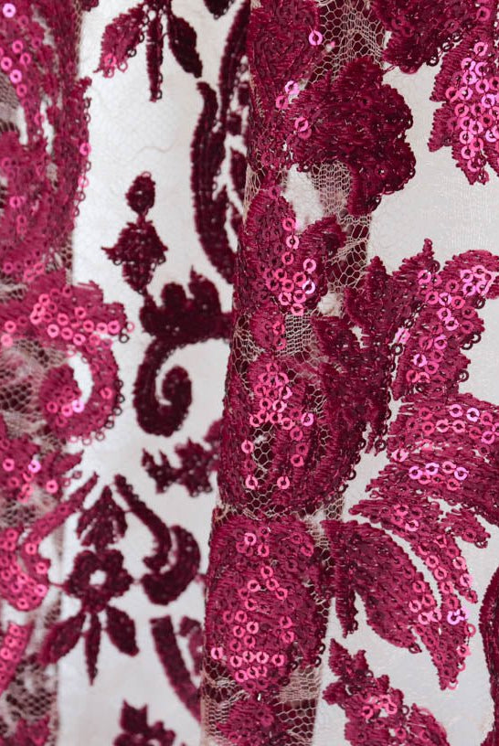 Special Occasion: Burgundy Red Elegant Damask Sequined & Beaded Mesh. SO-103-RED - Boho Fabrics
