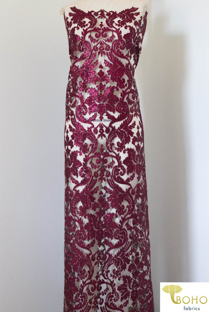 Special Occasion: Burgundy Red Elegant Damask Sequined & Beaded Mesh. SO-103-RED - Boho Fabrics