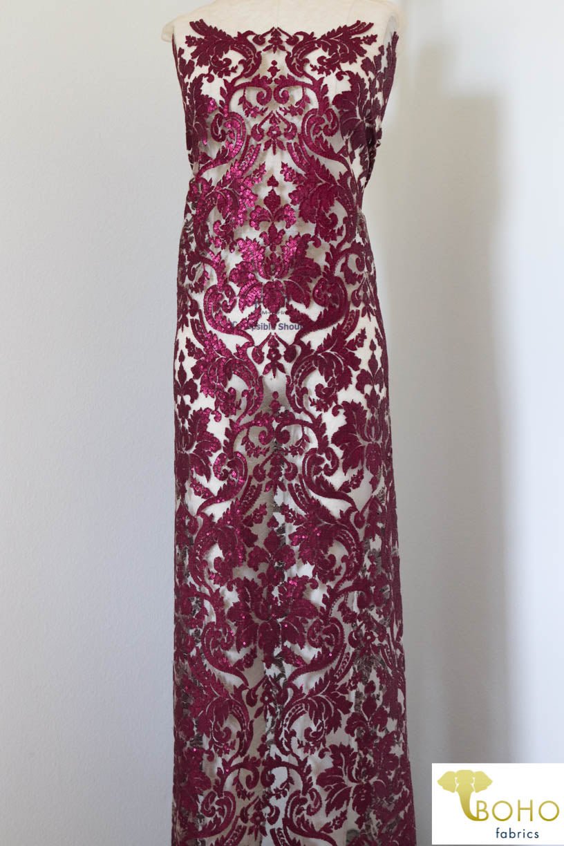 Special Occasion: Burgundy Red Elegant Damask Sequined & Beaded Mesh. SO-103-RED - Boho Fabrics