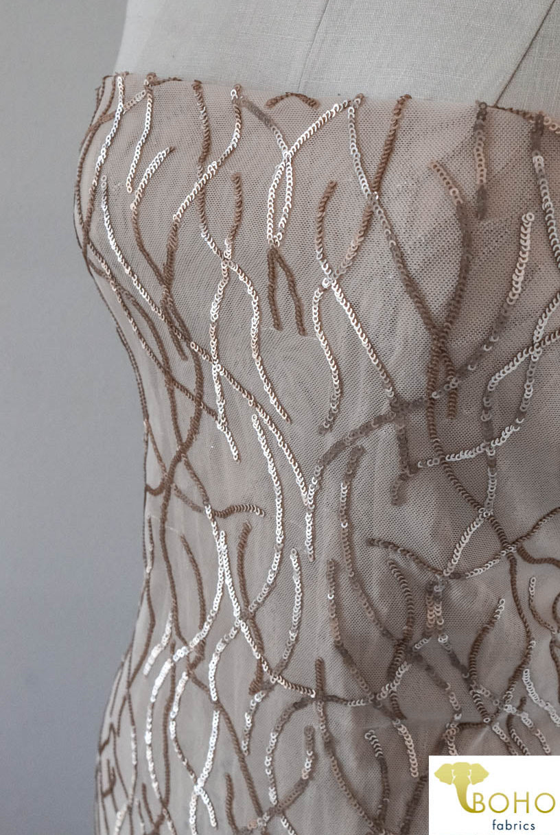 Special Occasion: "Cascading Vines" Sequined Champagne Stretch Mesh - Boho Fabrics