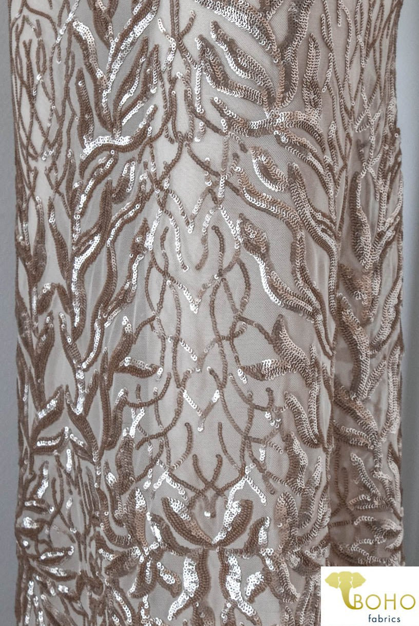 Special Occasion: "Cascading Vines" Sequined Champagne Stretch Mesh - Boho Fabrics