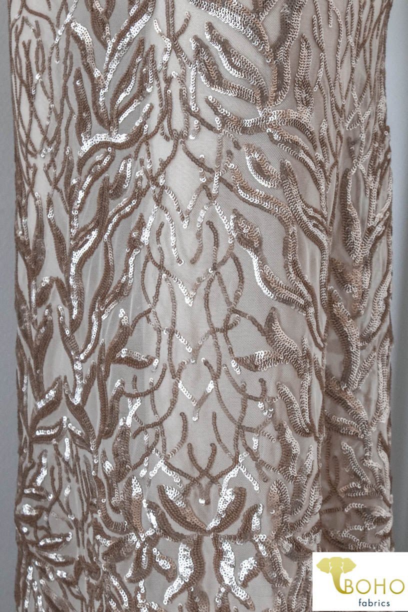 Special Occasion: "Cascading Vines" Sequined Champagne Stretch Mesh - Boho Fabrics