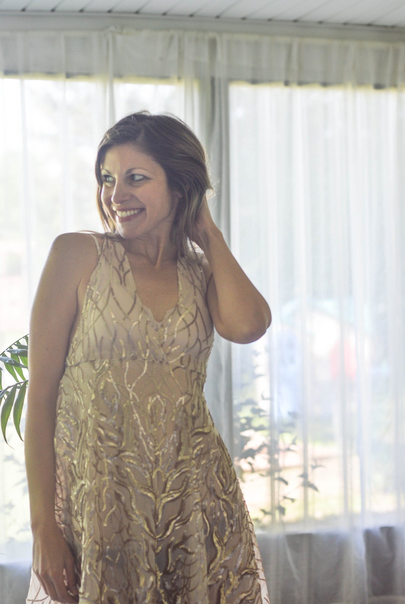 Special Occasion: "Cascading Vines" Sequined Champagne Stretch Mesh - Boho Fabrics