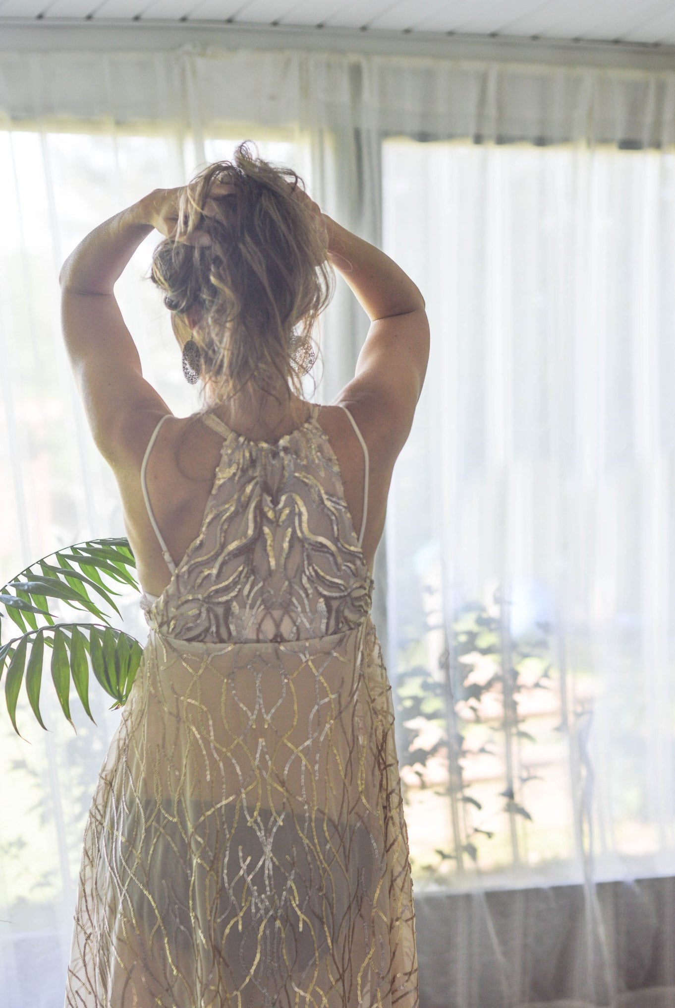 Special Occasion: "Cascading Vines" Sequined Champagne Stretch Mesh - Boho Fabrics