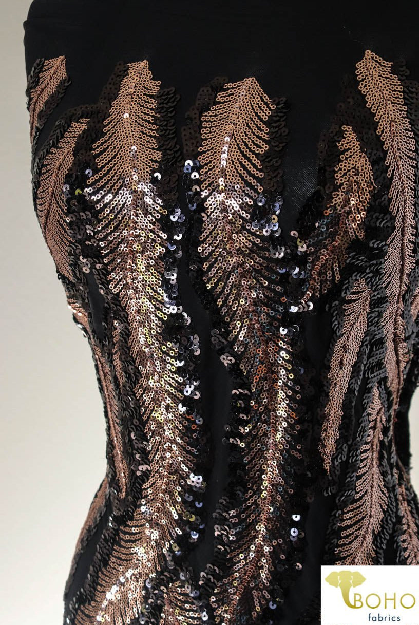 Special Occasion: Copper Feathers Sequined Stretch Mesh. SO-101 - Boho Fabrics