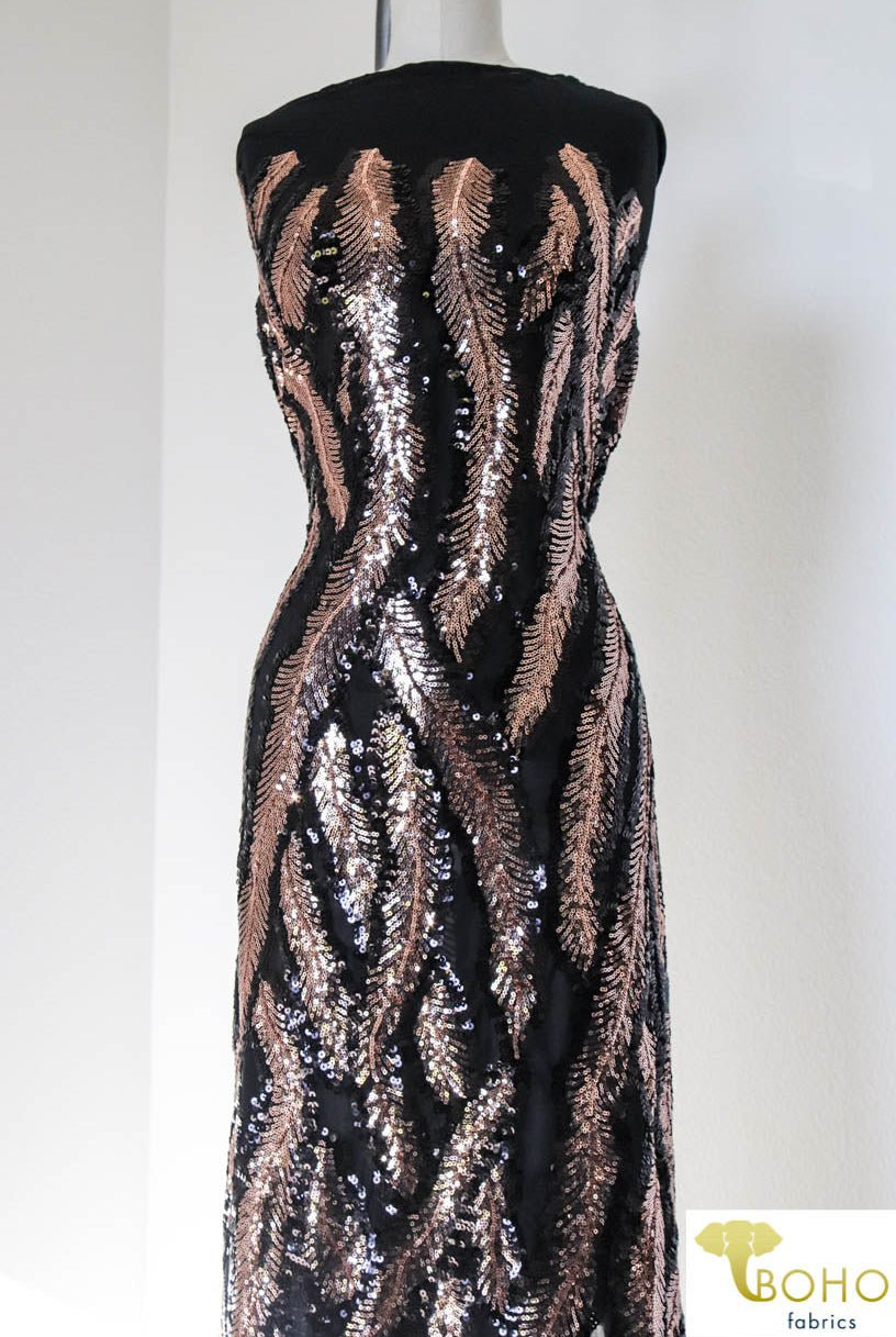 Special Occasion: Copper Feathers Sequined Stretch Mesh. SO-101 - Boho Fabrics