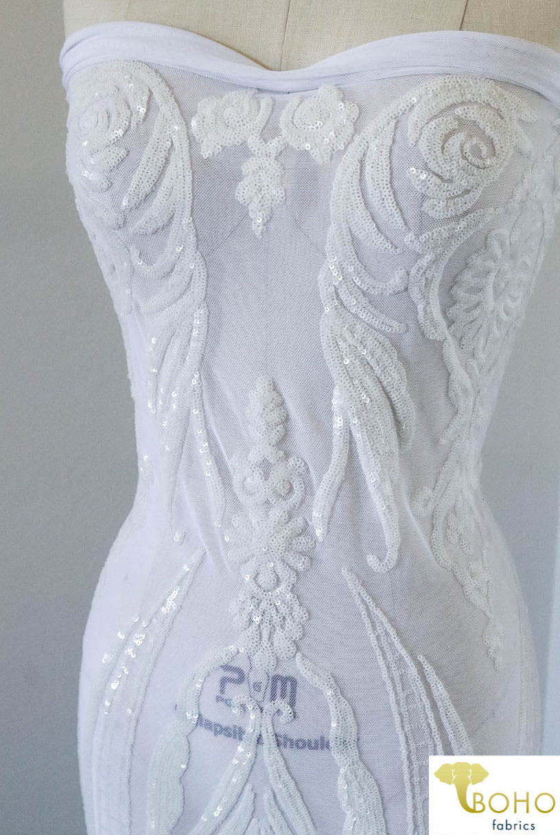 Special Occasion: "Damask Dreams" White Sequined Stretch Mesh - Boho Fabrics