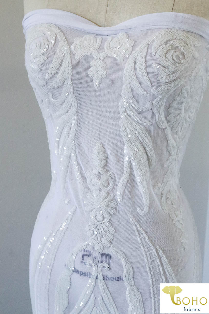 Special Occasion: "Damask Dreams" White Sequined Stretch Mesh - Boho Fabrics