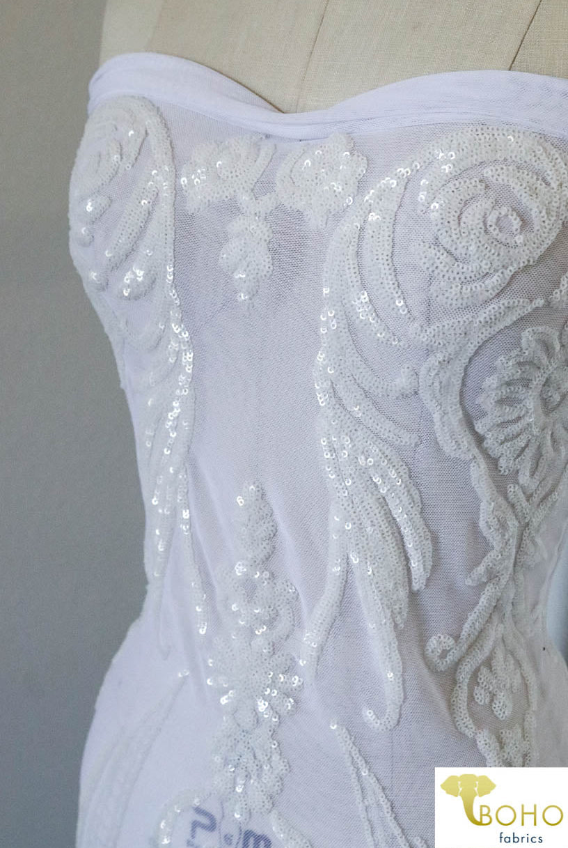 Special Occasion: "Damask Dreams" White Sequined Stretch Mesh - Boho Fabrics