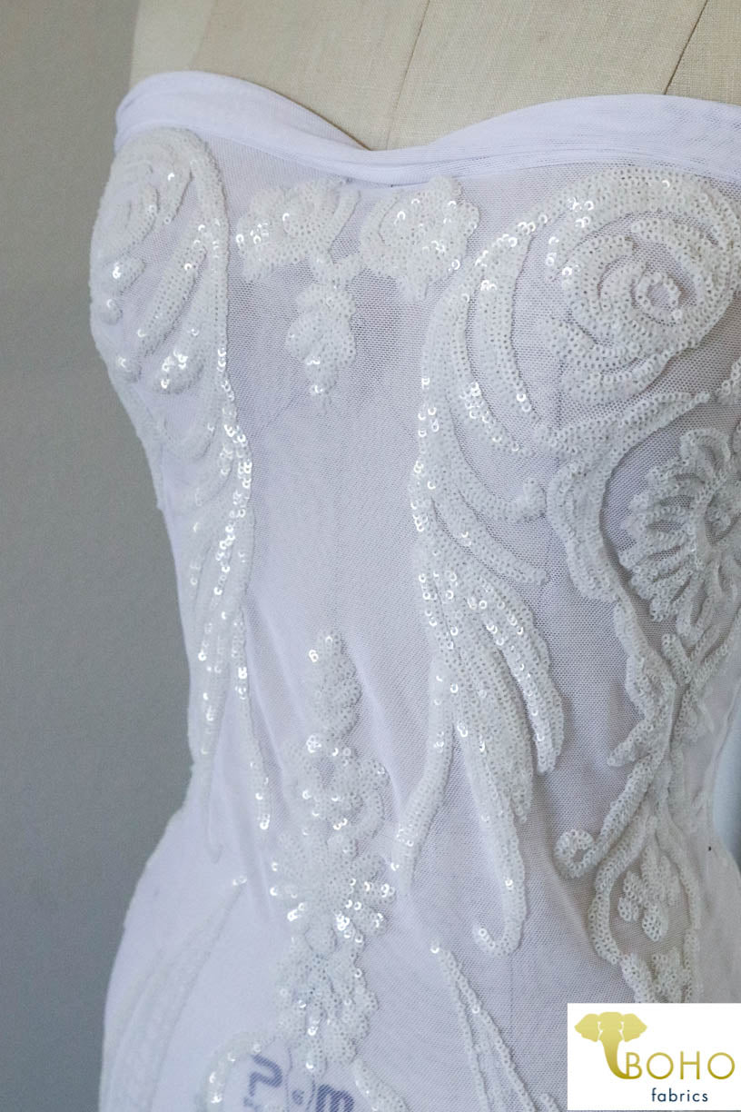 Special Occasion: "Damask Dreams" White Sequined Stretch Mesh - Boho Fabrics