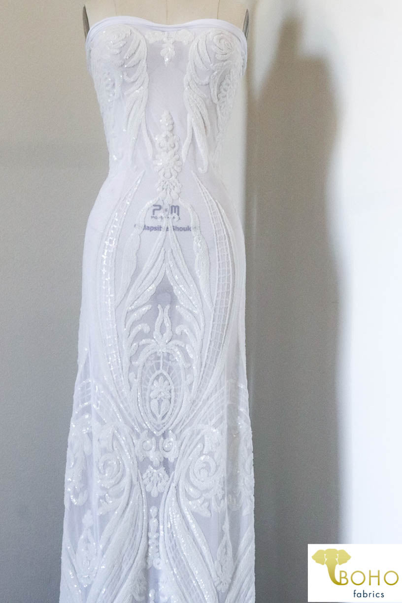 Special Occasion: "Damask Dreams" White Sequined Stretch Mesh - Boho Fabrics