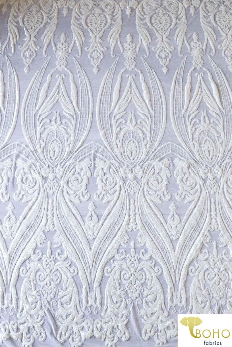 Special Occasion: "Damask Dreams" White Sequined Stretch Mesh - Boho Fabrics
