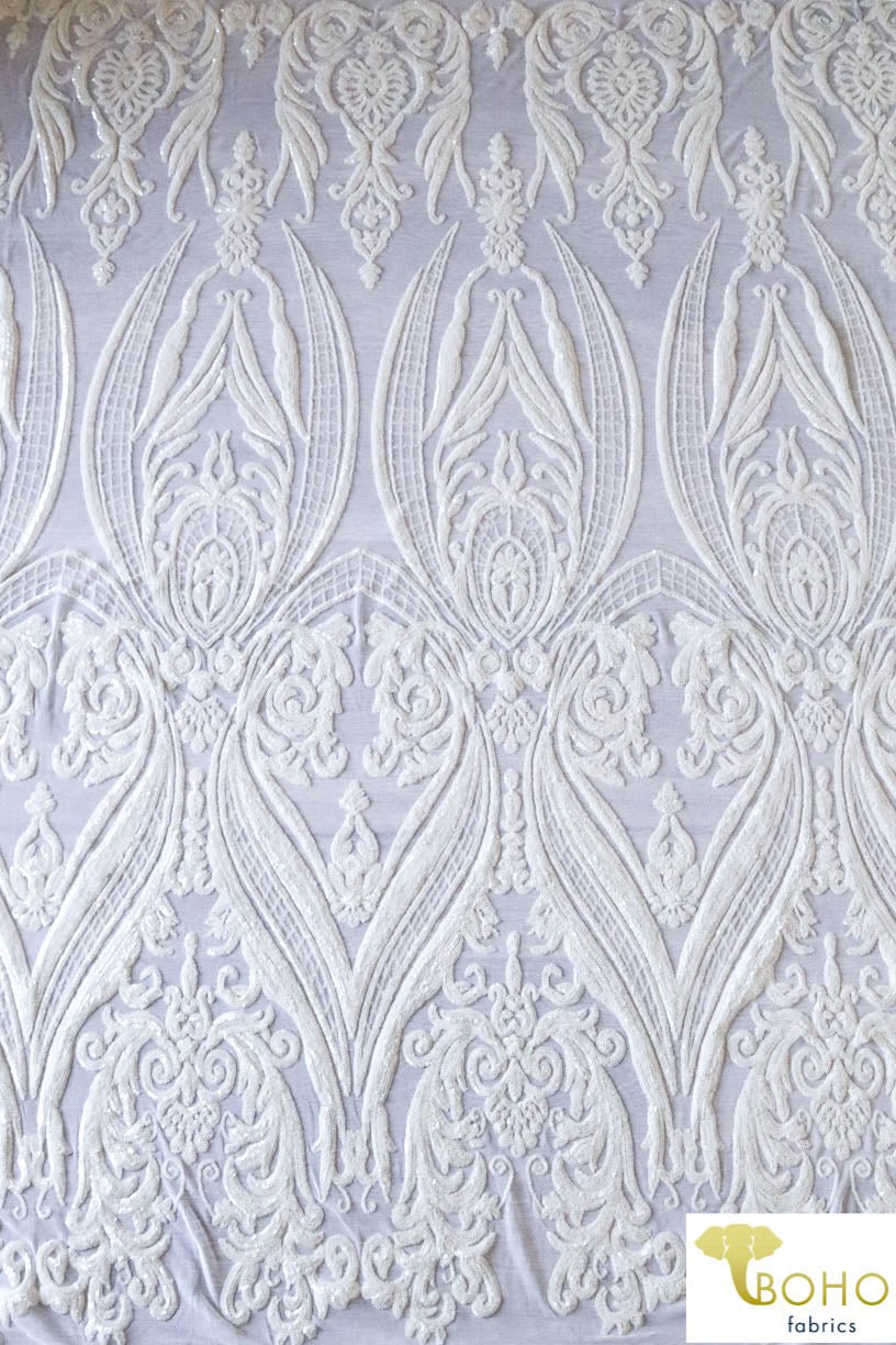 Special Occasion: "Damask Dreams" White Sequined Stretch Mesh - Boho Fabrics