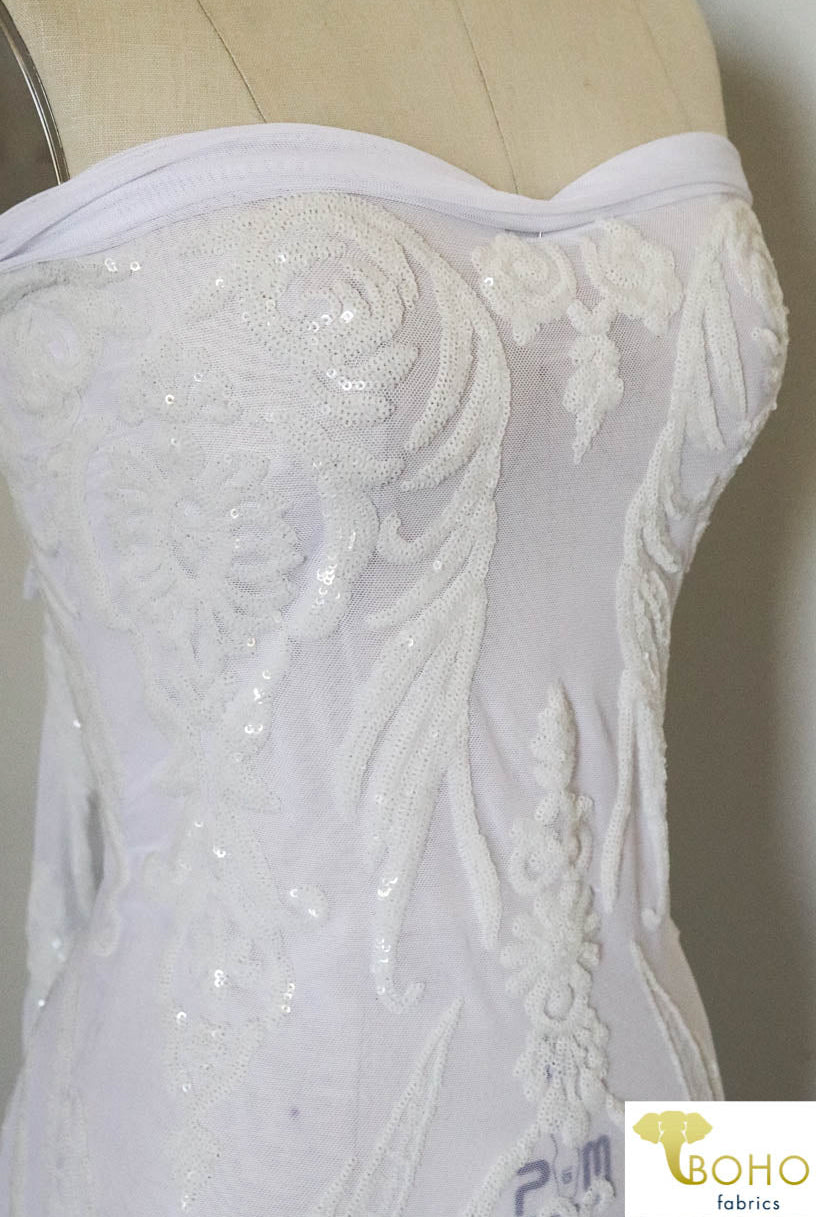 Special Occasion: "Damask Dreams" White Sequined Stretch Mesh - Boho Fabrics
