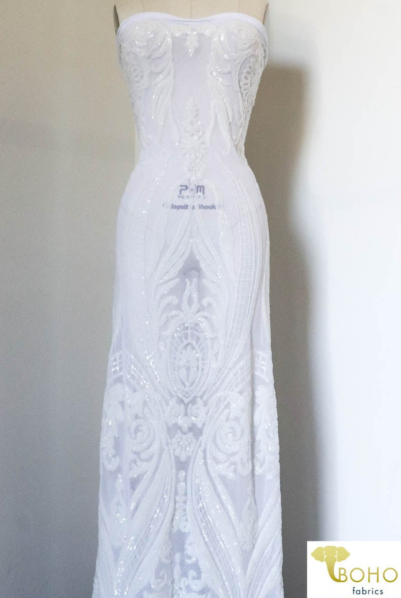 Special Occasion: "Damask Dreams" White Sequined Stretch Mesh - Boho Fabrics