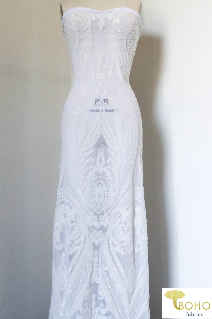 Special Occasion: "Damask Dreams" White Sequined Stretch Mesh - Boho Fabrics