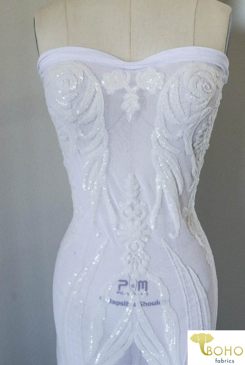 Special Occasion: "Damask Dreams" White Sequined Stretch Mesh - Boho Fabrics