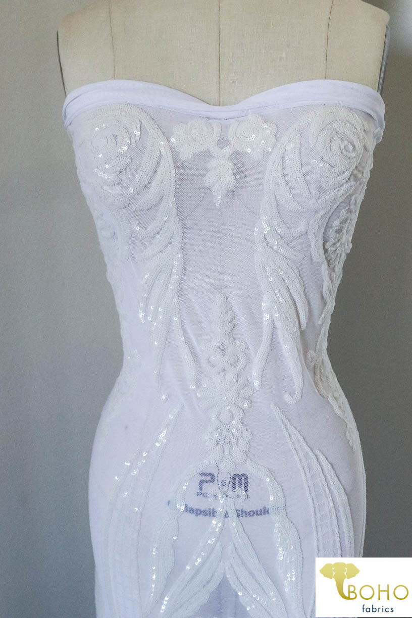Special Occasion: "Damask Dreams" White Sequined Stretch Mesh - Boho Fabrics