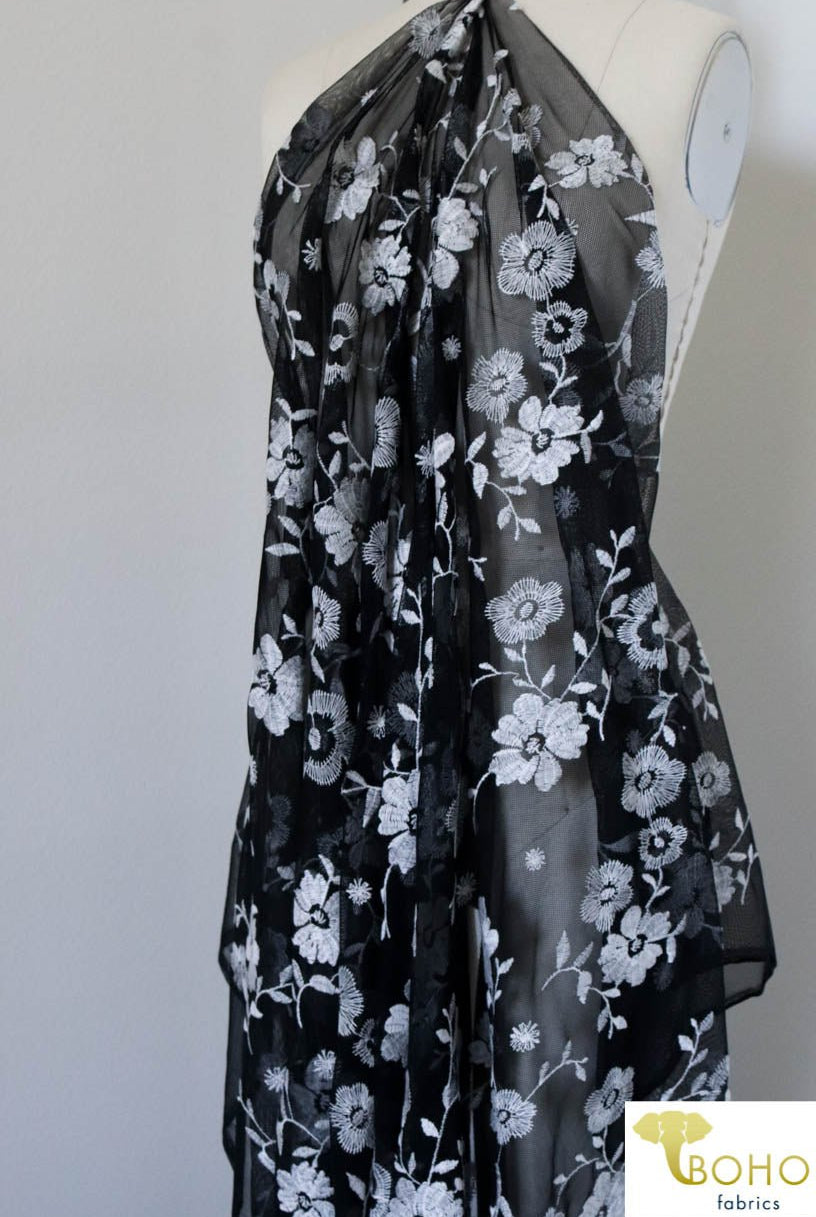 Special Occasion: Embroidered White Daisy Vines on Black - Boho Fabrics