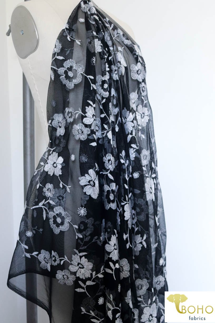 Special Occasion: Embroidered White Daisy Vines on Black - Boho Fabrics