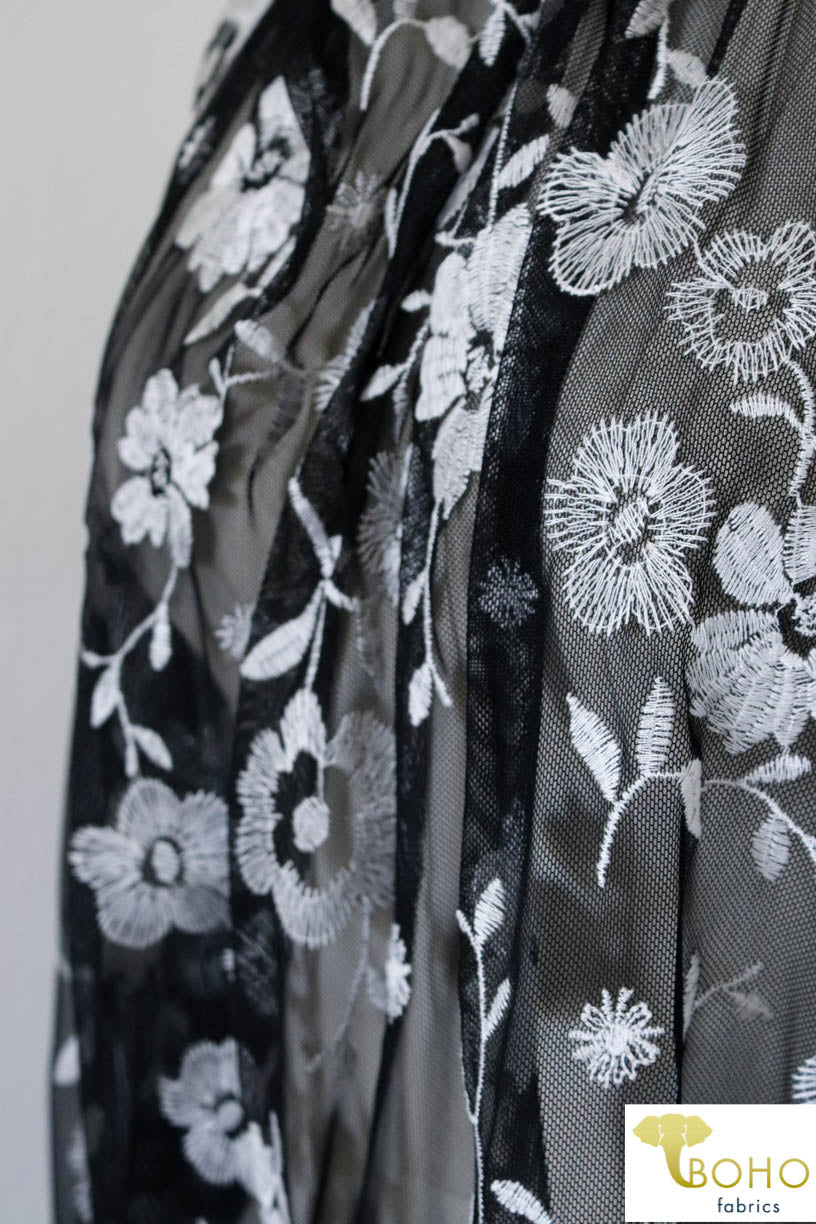 Special Occasion: Embroidered White Daisy Vines on Black - Boho Fabrics