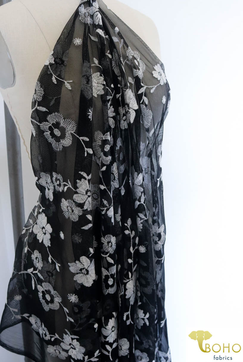 Special Occasion: Embroidered White Daisy Vines on Black - Boho Fabrics