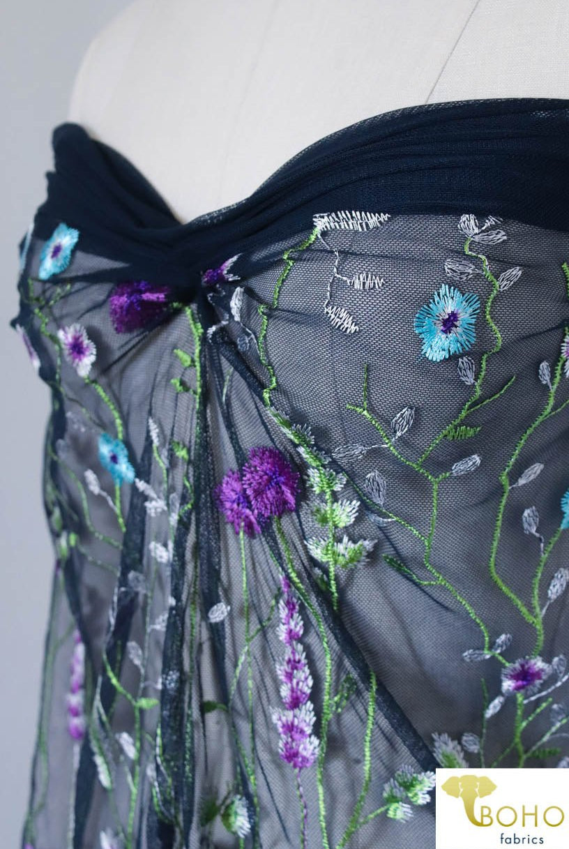 Special Occasion: "Violet Vines" Embroidered Mesh on Navy - Boho Fabrics