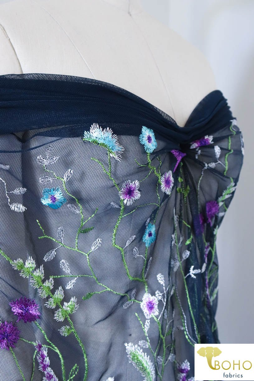 Special Occasion: "Violet Vines" Embroidered Mesh on Navy - Boho Fabrics