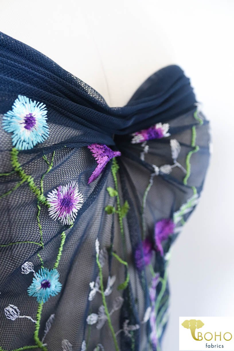 Special Occasion: "Violet Vines" Embroidered Mesh on Navy - Boho Fabrics