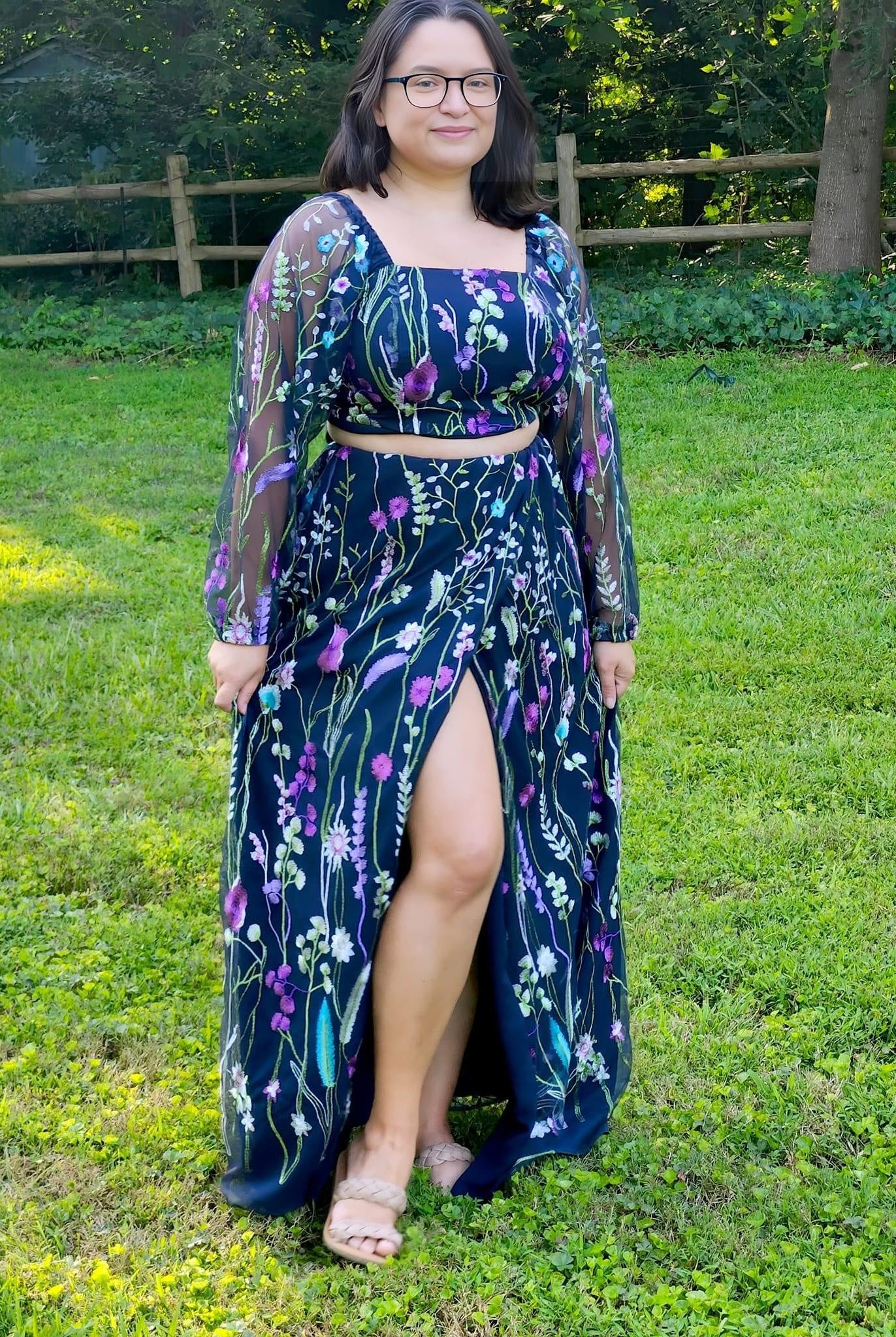 Special Occasion: "Violet Vines" Embroidered Mesh on Navy - Boho Fabrics - Special Occasion Fabric