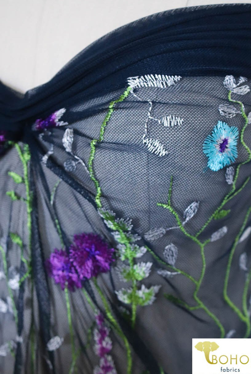 Special Occasion: "Violet Vines" Embroidered Mesh on Navy - Boho Fabrics