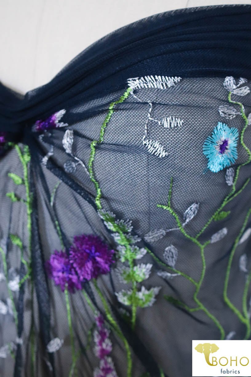 Special Occasion: "Violet Vines" Embroidered Mesh on Navy - Boho Fabrics