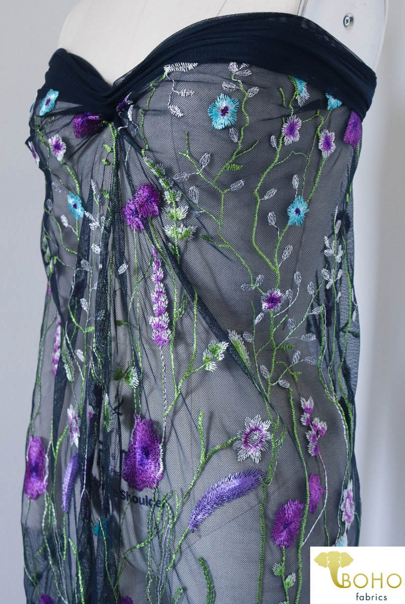 Special Occasion: "Violet Vines" Embroidered Mesh on Navy - Boho Fabrics