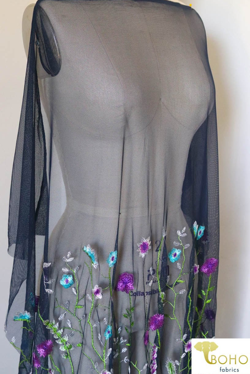 Special Occasion: "Violet Vines" Embroidered Mesh on Navy - Boho Fabrics