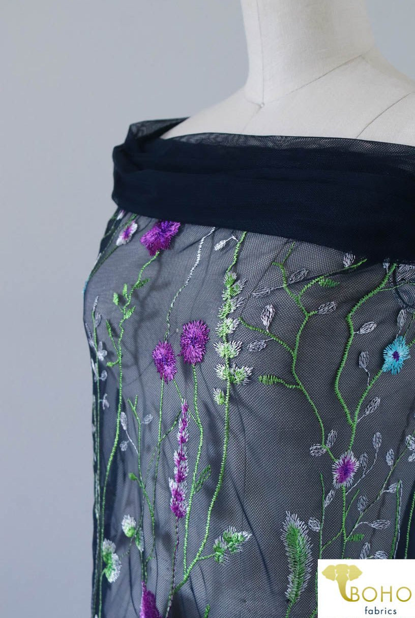 Special Occasion: "Violet Vines" Embroidered Mesh on Navy - Boho Fabrics