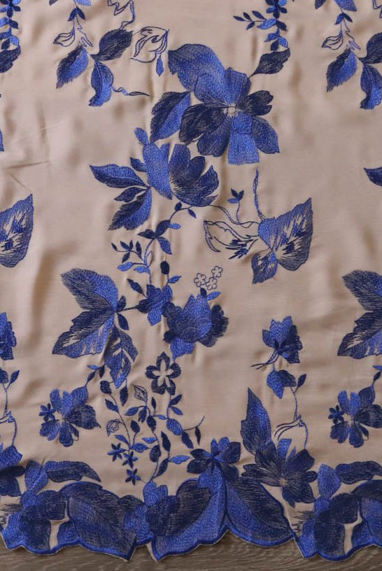 Special Occasion: Woven Blue Double Border Floral Scalloped Edge Embroidery on Nude - Boho Fabrics
