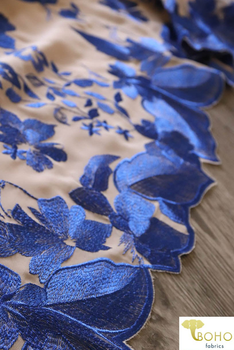 Special Occasion: Woven Blue Double Border Floral Scalloped Edge Embroidery on Nude - Boho Fabrics