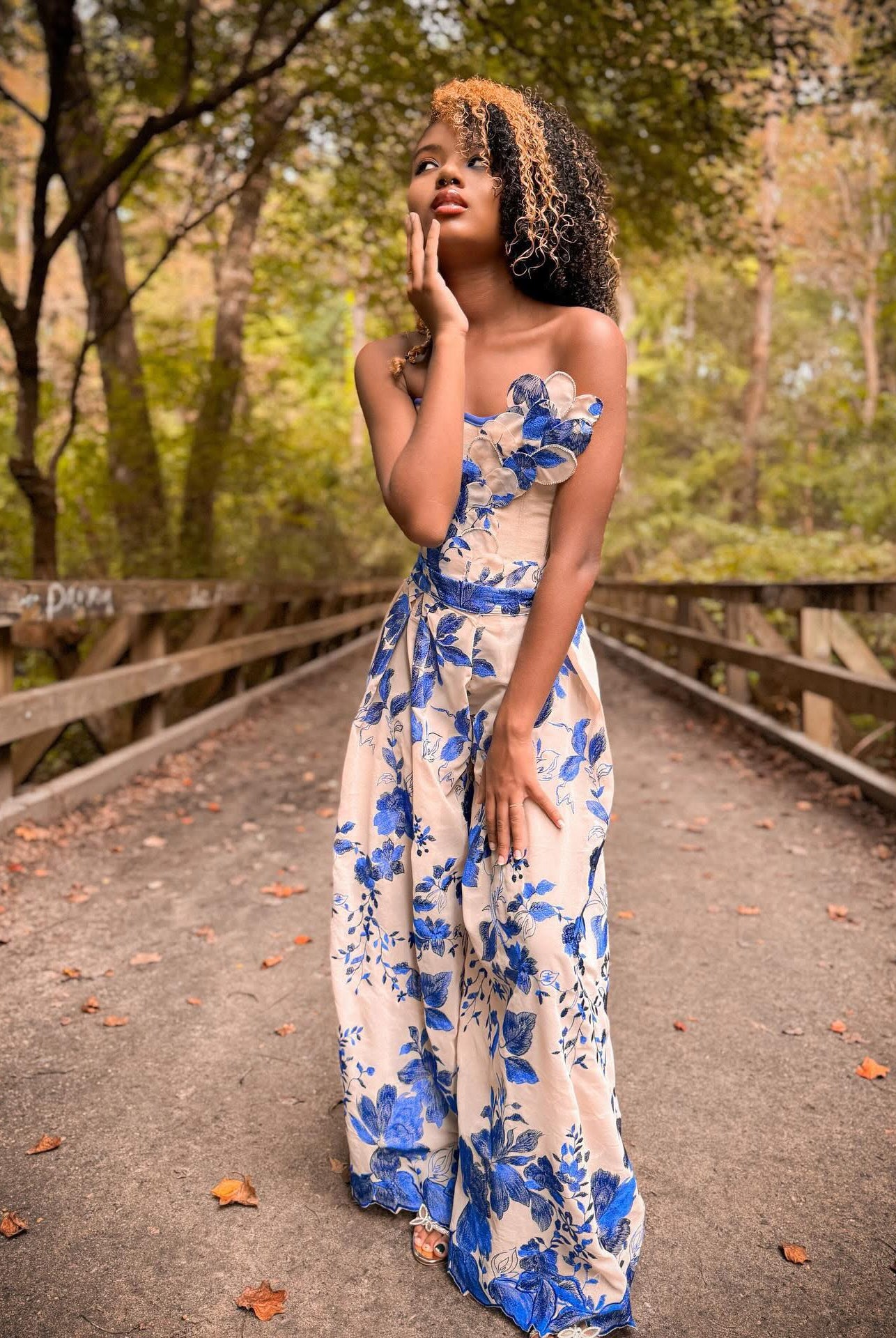 Special Occasion: Woven Blue Double Border Floral Scalloped Edge Embroidery on Nude - Boho Fabrics - Special Occasion Fabric