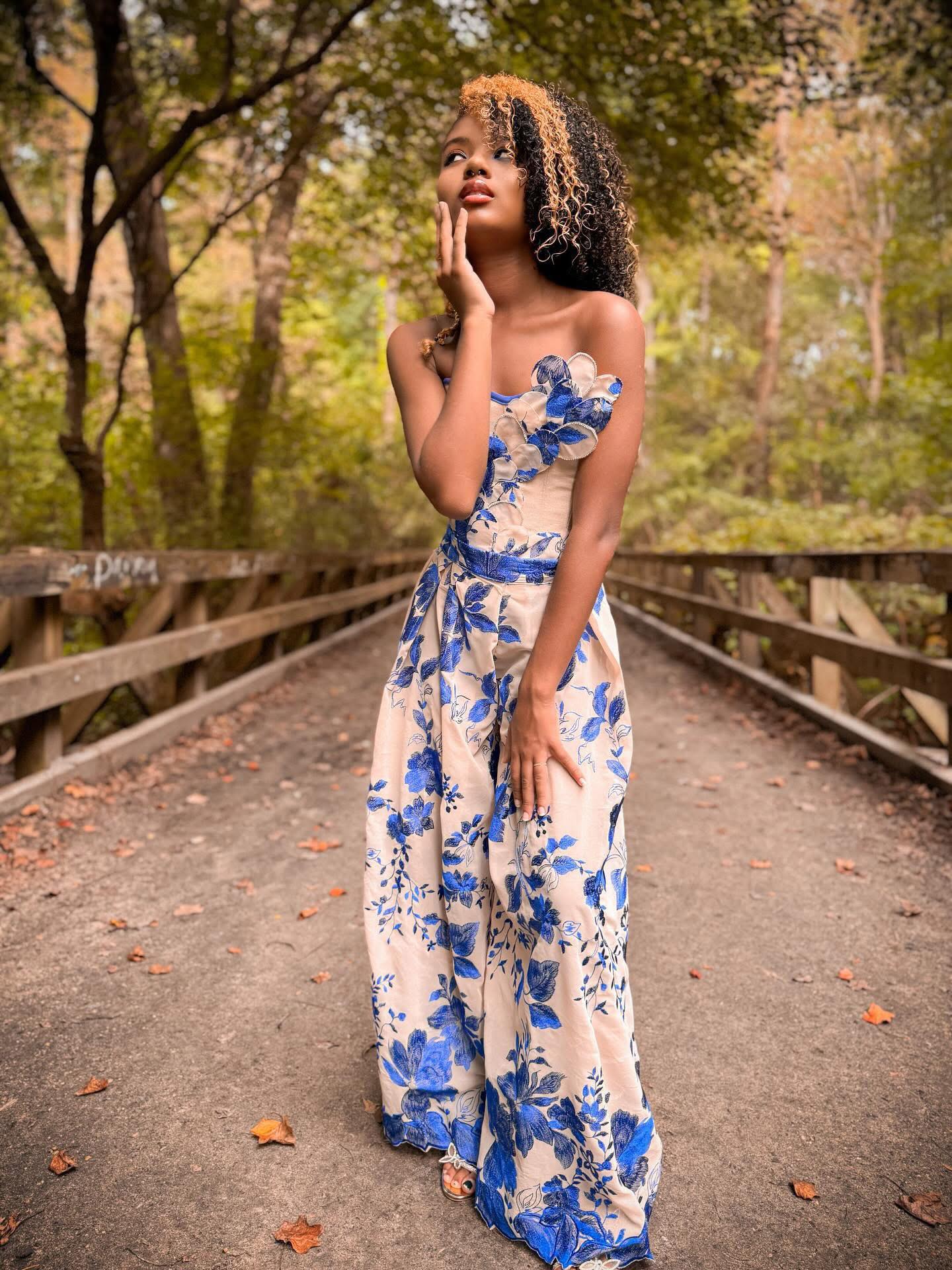 Special Occasion: Woven Blue Double Border Floral Scalloped Edge Embroidery on Nude - Boho Fabrics - Special Occasion Fabric