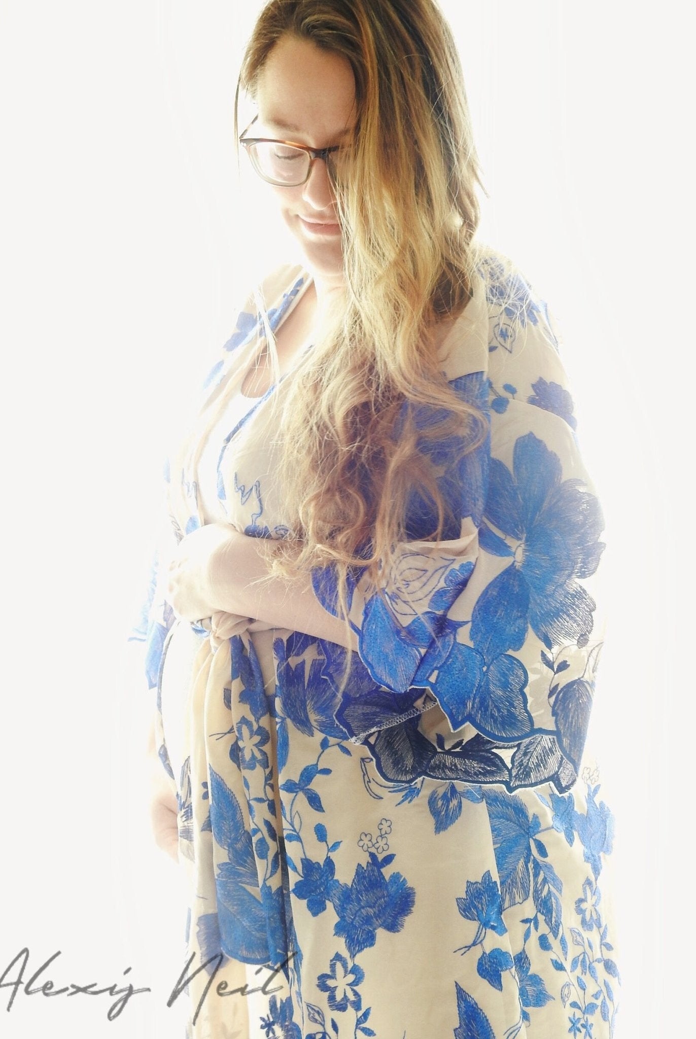 Special Occasion: Woven Blue Double Border Floral Scalloped Edge Embroidery on Nude - Boho Fabrics