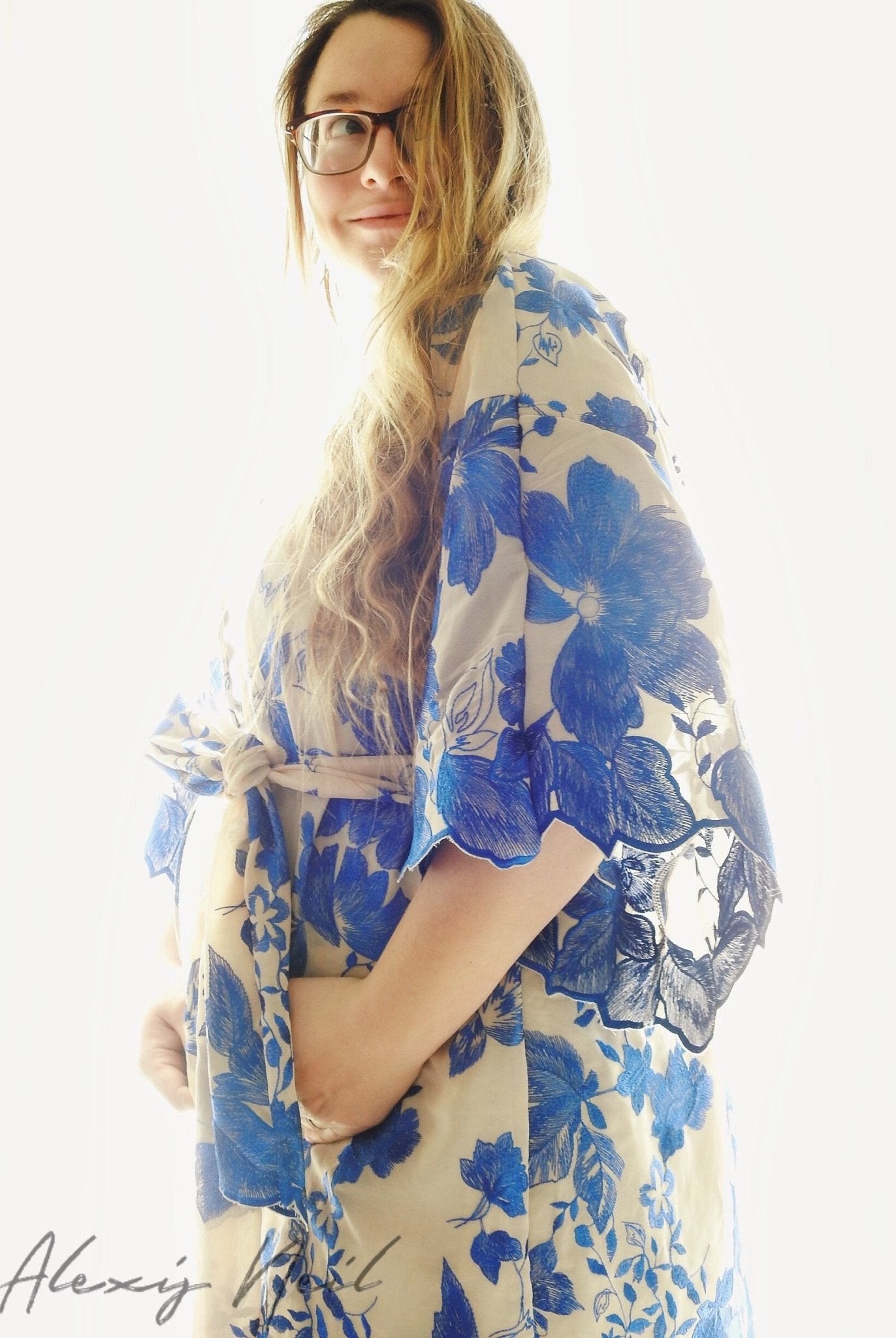 Special Occasion: Woven Blue Double Border Floral Scalloped Edge Embroidery on Nude - Boho Fabrics