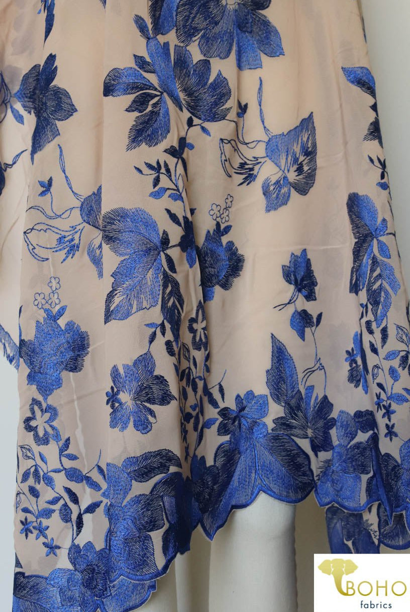 Special Occasion: Woven Blue Double Border Floral Scalloped Edge Embroidery on Nude - Boho Fabrics