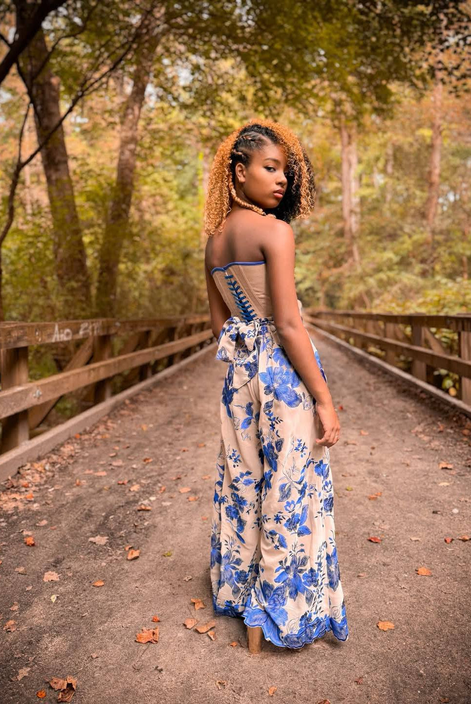 Special Occasion: Woven Blue Double Border Floral Scalloped Edge Embroidery on Nude - Boho Fabrics - Special Occasion Fabric