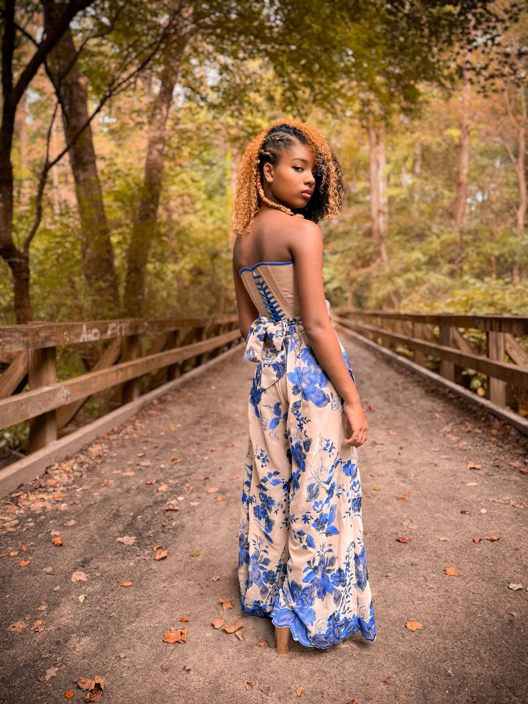 Special Occasion: Woven Blue Double Border Floral Scalloped Edge Embroidery on Nude - Boho Fabrics - Special Occasion Fabric