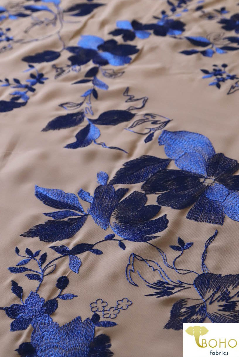 Special Occasion: Woven Blue Double Border Floral Scalloped Edge Embroidery on Nude - Boho Fabrics
