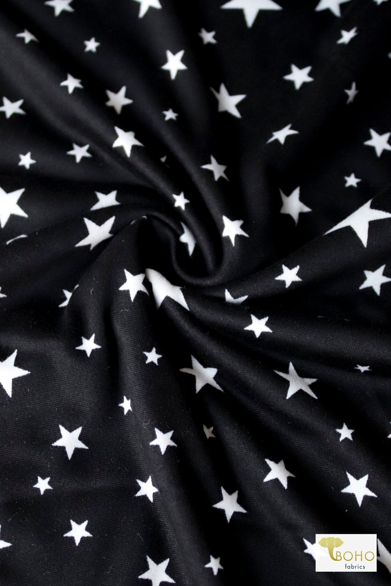 Stars on Black, Brushed Poly Print. - Boho Fabrics