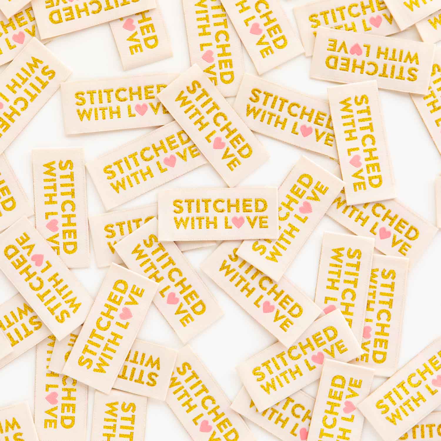Stitched with Love - Gold Sewing Woven Clothing Label Tags - Boho Fabrics - Sew - in Labels